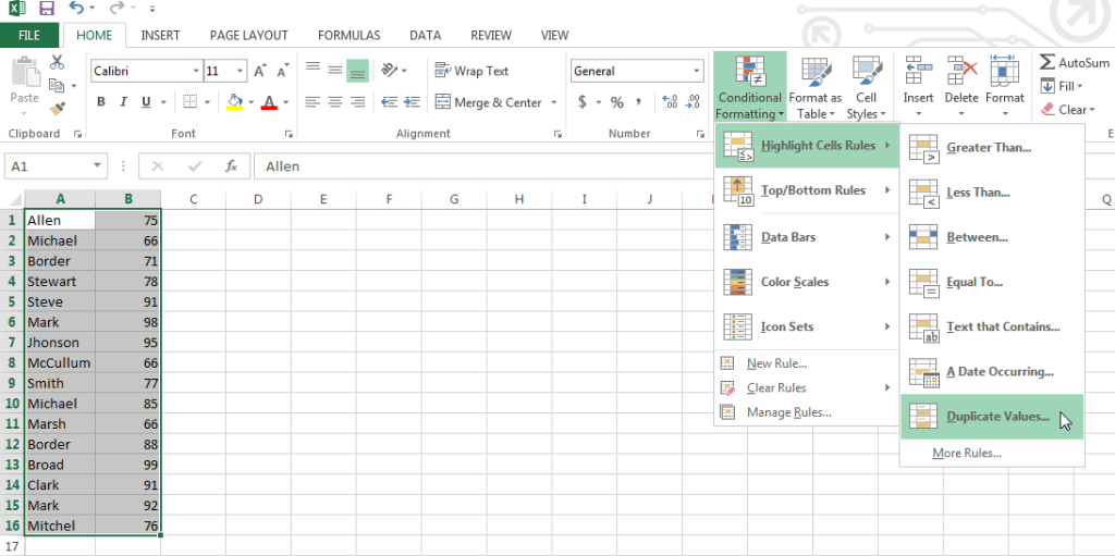 Figure 2- Steps to highlight duplicated values