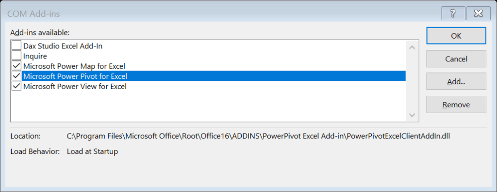 Check box to activate Power Pivot in Excel